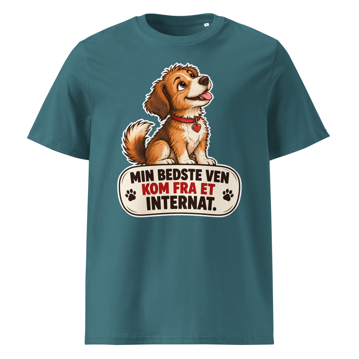 Stålblå t-shirt med hund og teksten Min bedste ven kom fra et internat