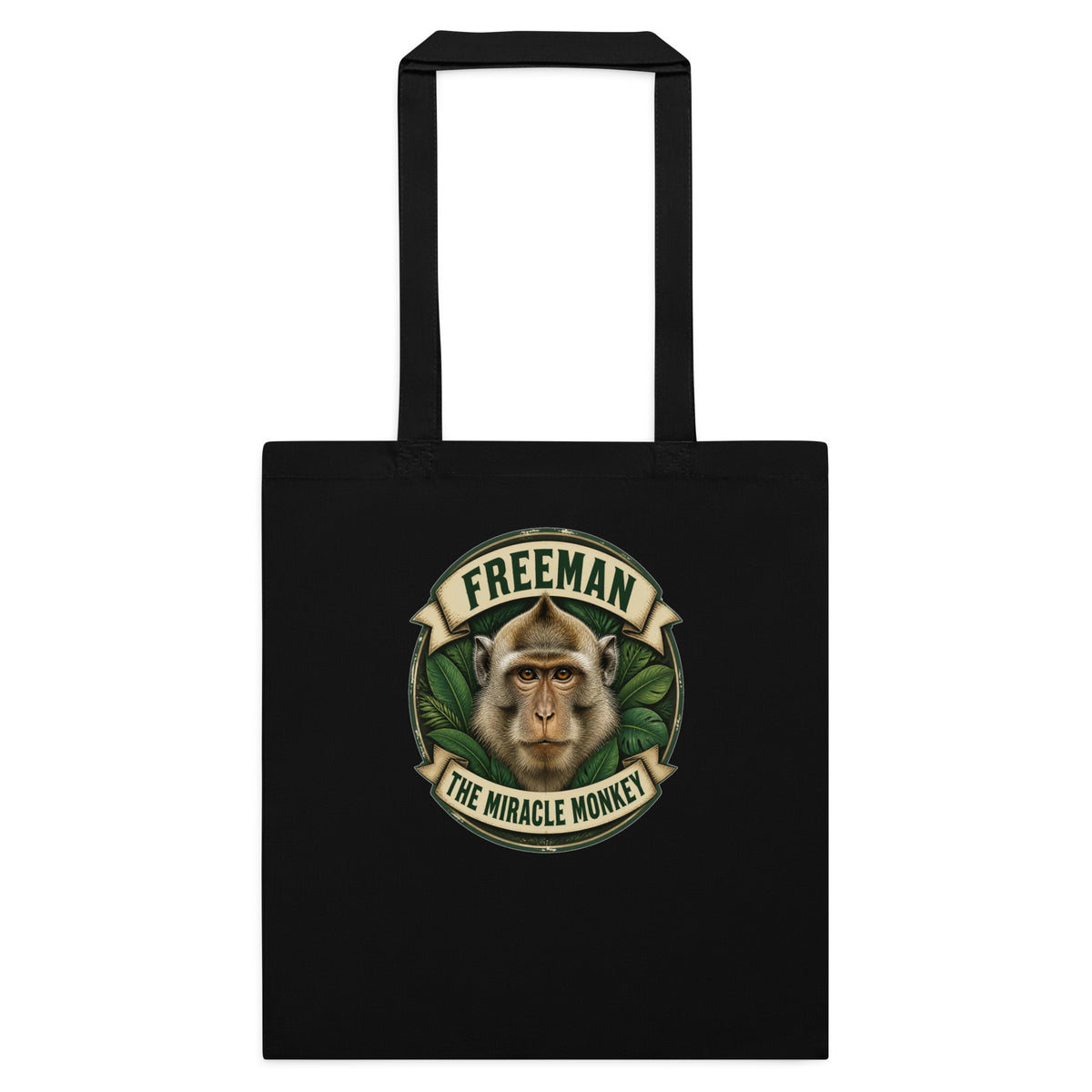 Mulepose med Freeman The Miracle Monkey badge med en abe i grønt i farven sort, set forfra
