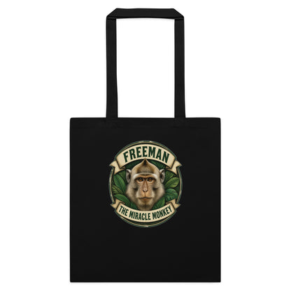 Mulepose med Freeman The Miracle Monkey badge med en abe i grønt i farven sort, set forfra