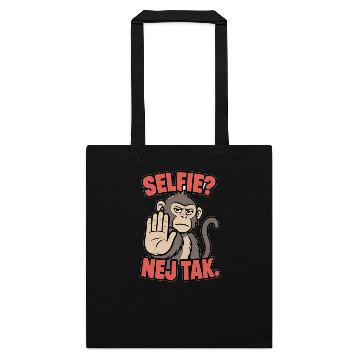 Mulepose med teksten Selfie? Nej tak og en abe der holder hånden op i farven sort, set forfra
