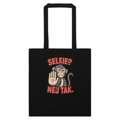 Mulepose med teksten Selfie? Nej tak og en abe der holder hånden op i farven sort, set forfra