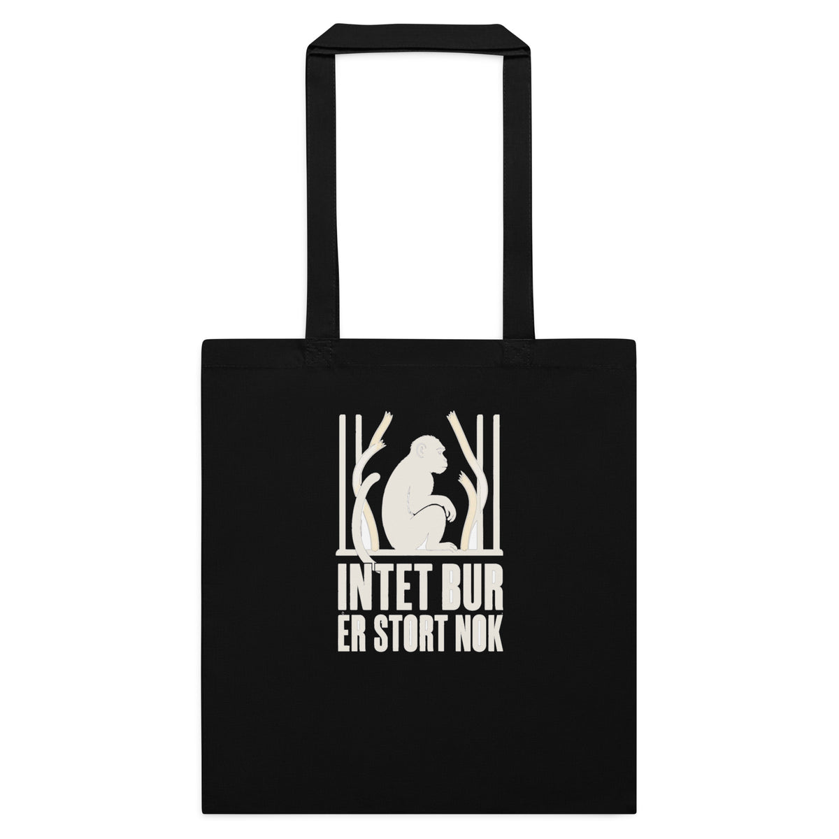 Mulepose med teksten Intet bur er stort nok og en abe bag tremmer i farven sort, set forfra