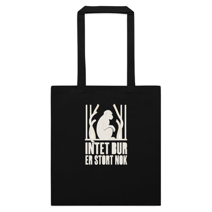 Mulepose med teksten Intet bur er stort nok og en abe bag tremmer i farven sort, set forfra