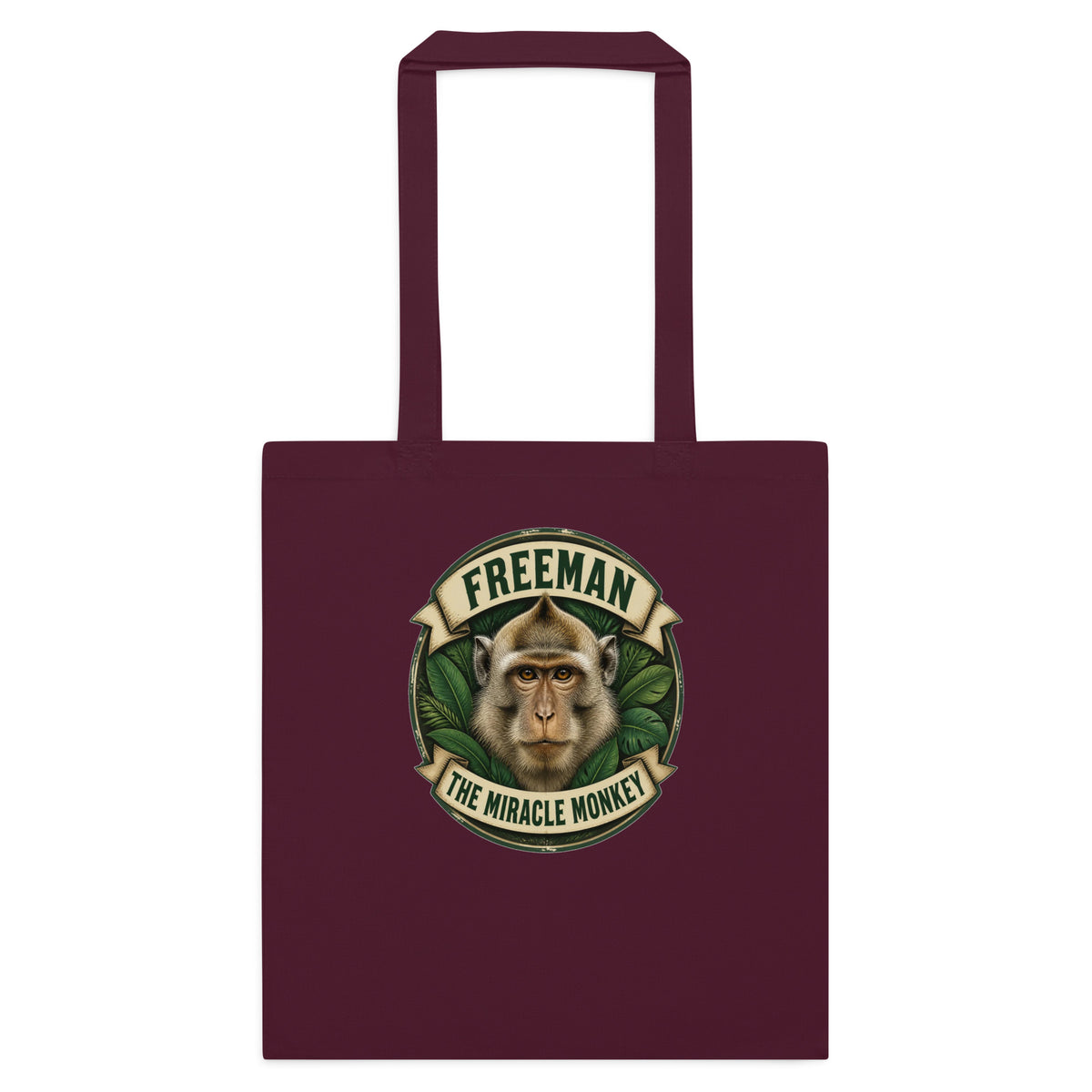 Mulepose med Freeman The Miracle Monkey badge med en abe i grønt i farven bordeaux, set forfra