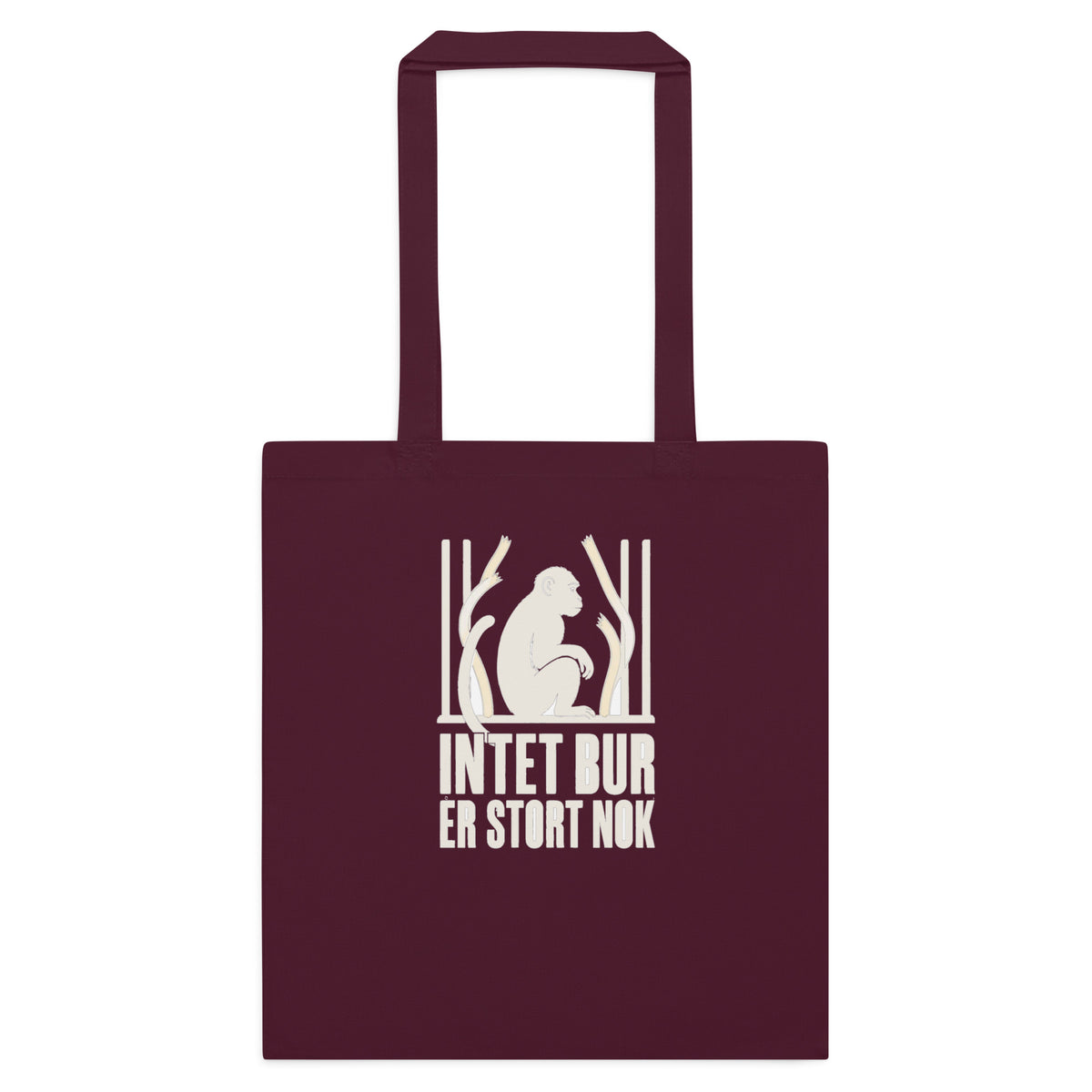 Mulepose med teksten Intet bur er stort nok og en abe bag tremmer i farven bordeaux, set forfra