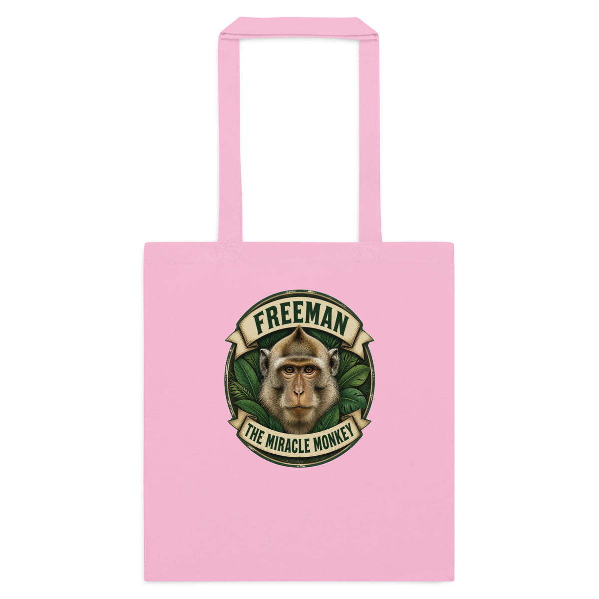 Mulepose med Freeman The Miracle Monkey badge med en abe i grønt i farven lyserød, set forfra