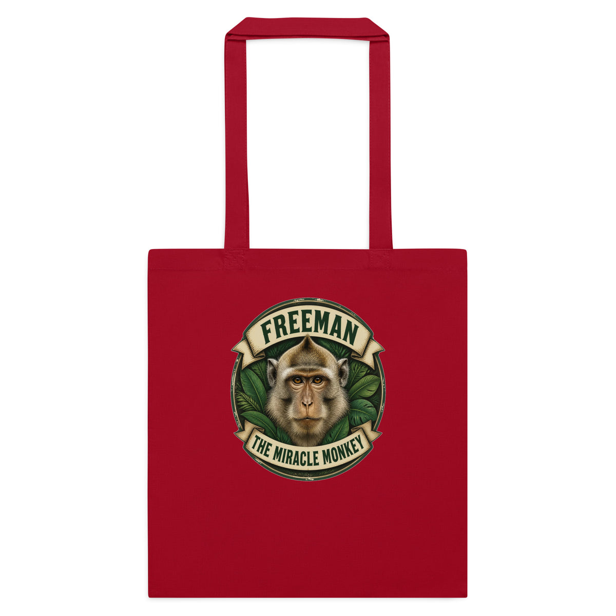 Mulepose med Freeman The Miracle Monkey badge med en abe i grønt i farven rød, set forfra