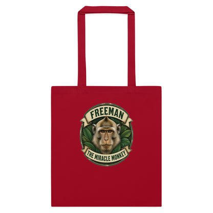 Mulepose med Freeman The Miracle Monkey badge med en abe i grønt i farven rød, set forfra