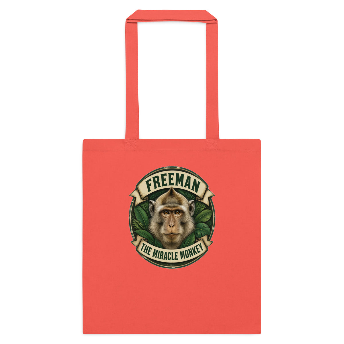 Mulepose med Freeman The Miracle Monkey badge med en abe i grønt i farven koral, set forfra