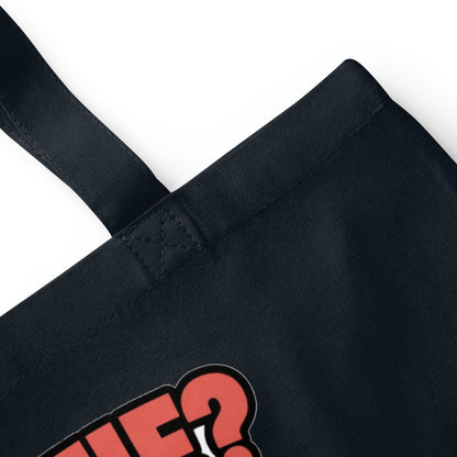 Mulepose med teksten Selfie? Nej tak og en abe der holder hånden op i farven marineblå, nærbillede af stof og hank
