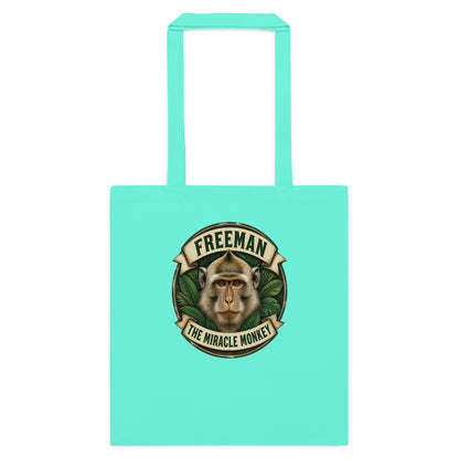 Mulepose med Freeman The Miracle Monkey badge med en abe i grønt i farven mintgrøn, set forfra