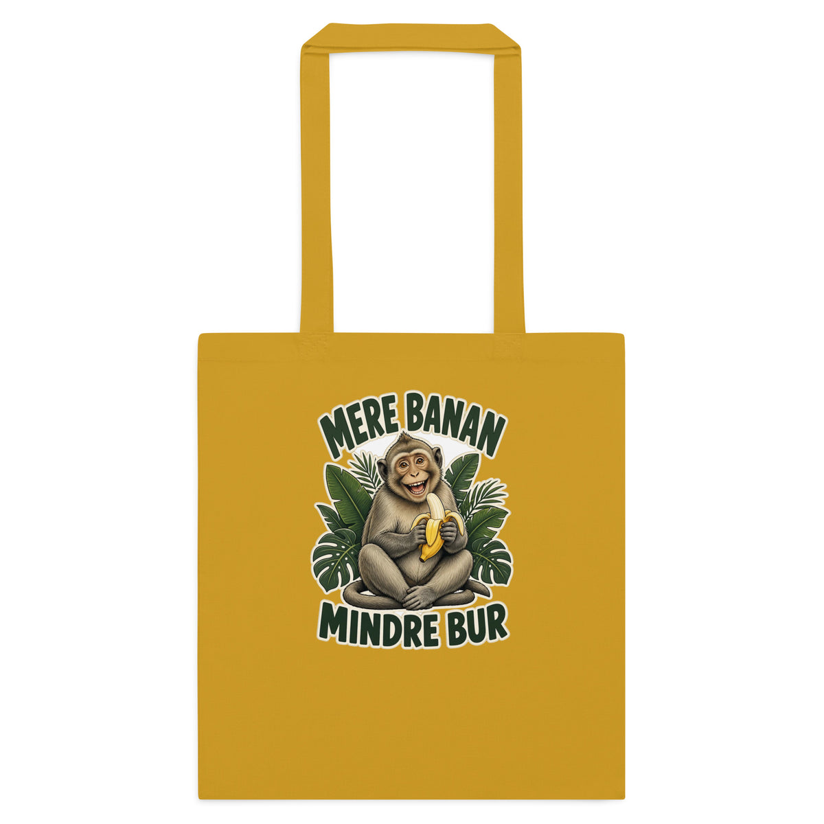 Mulepose med teksten Mere banan, mindre bur og en glad abe med en banan i farven sennepsgul, set forfra