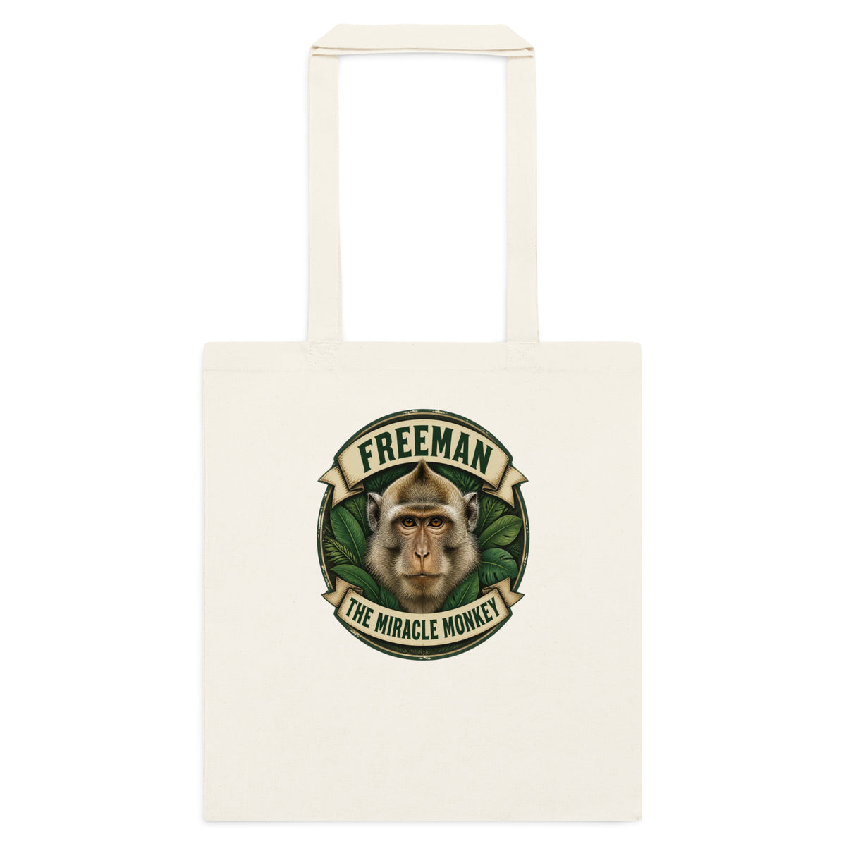 Mulepose med Freeman The Miracle Monkey badge med en abe i grønt i farven natur, set forfra