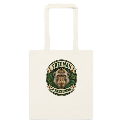 Mulepose med Freeman The Miracle Monkey badge med en abe i grønt i farven natur, set forfra