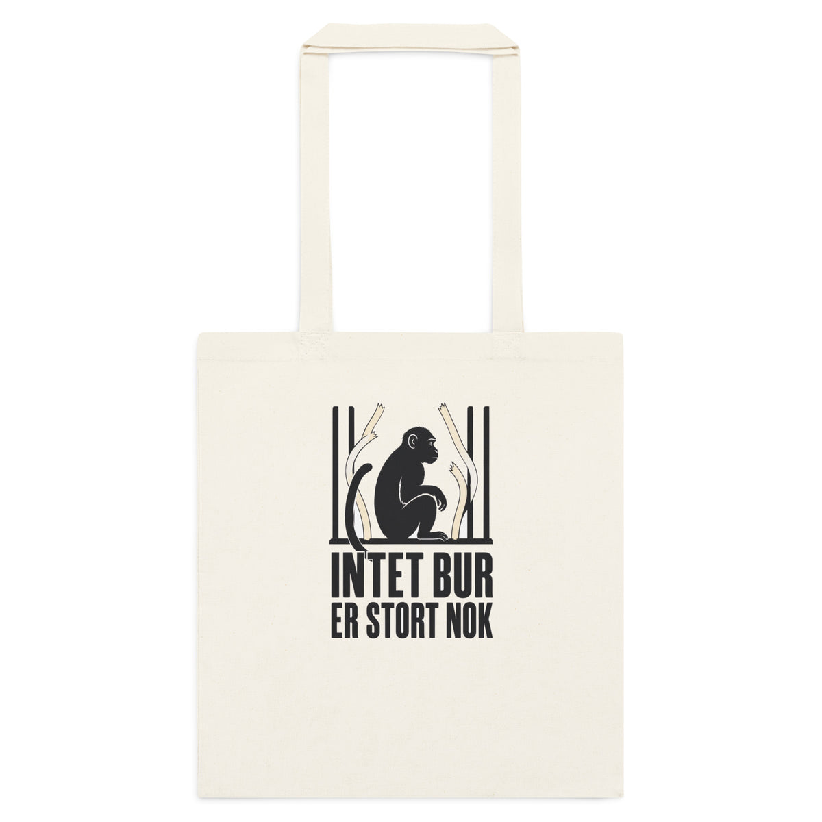 Mulepose med teksten Intet bur er stort nok og en abe bag tremmer i farven natur, set forfra