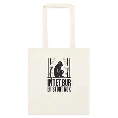Mulepose med teksten Intet bur er stort nok og en abe bag tremmer i farven natur, set forfra