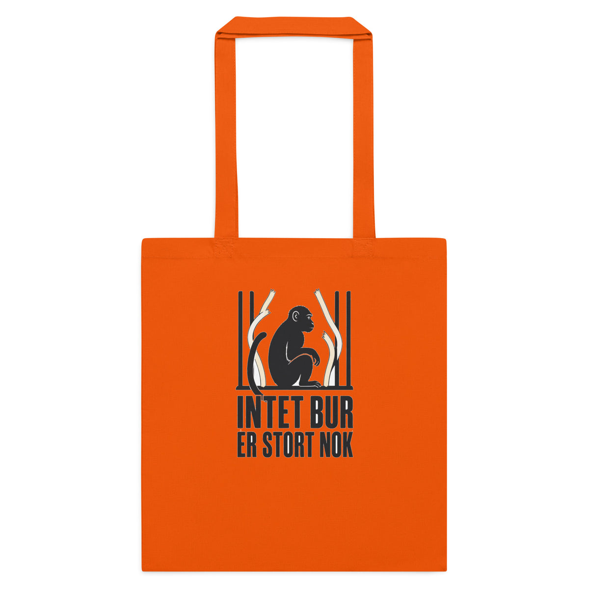 Mulepose med teksten Intet bur er stort nok og en abe bag tremmer i farven orange, set forfra