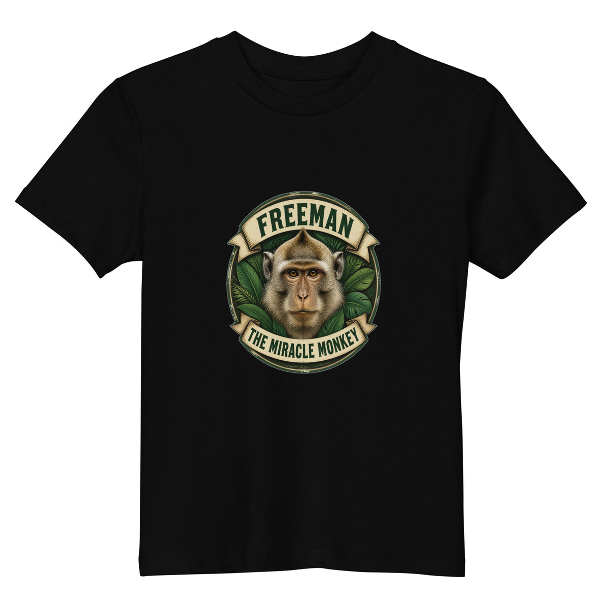 Børne t-shirt med Freeman The Miracle Monkey badge med en abe i grønt i farven sort, set forfra