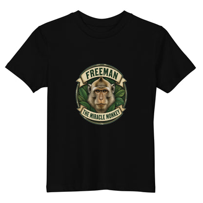 Børne t-shirt med Freeman The Miracle Monkey badge med en abe i grønt i farven sort, set forfra
