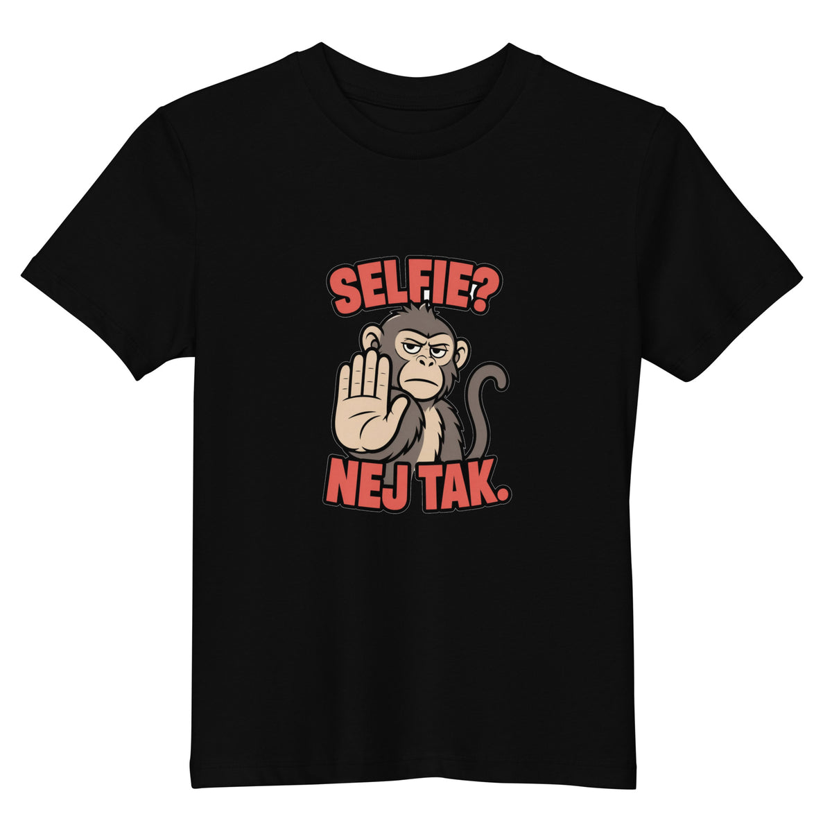 Børne t-shirt med teksten Selfie? Nej tak og en abe der holder hånden op i farven sort, set forfra