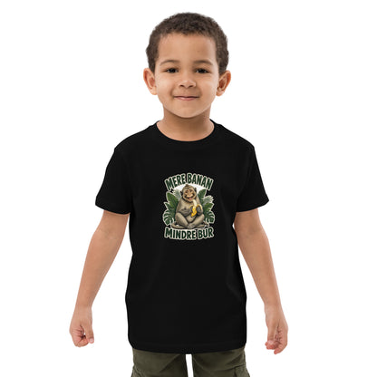Børne t-shirt med teksten Mere banan, mindre bur og en glad abe med en banan i farven sort, båret af en dreng