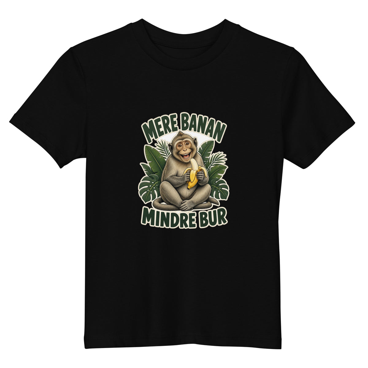 Børne t-shirt med teksten Mere banan, mindre bur og en glad abe med en banan i farven sort, set forfra