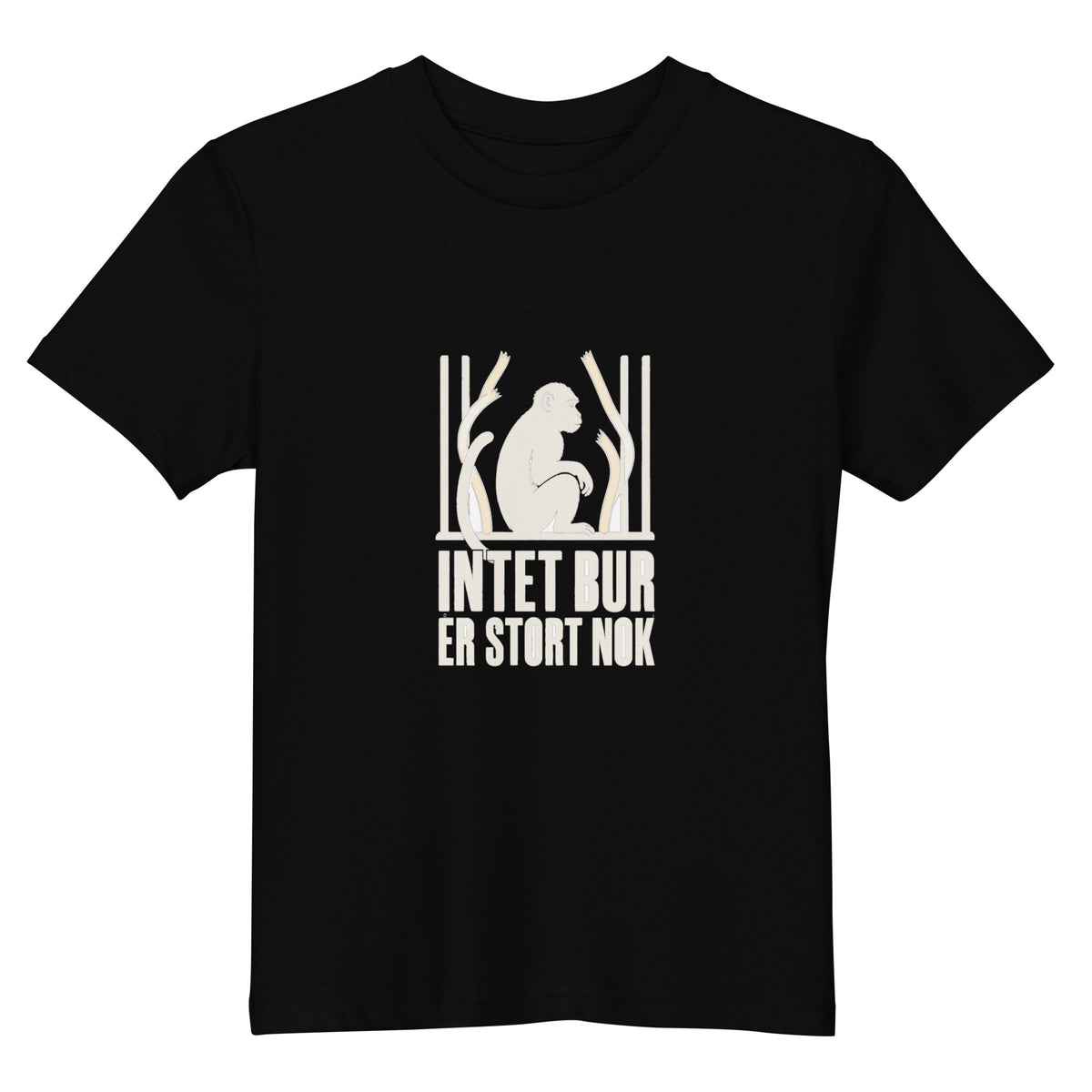Børne t-shirt med teksten Intet bur er stort nok og en abe bag tremmer i farven sort, set forfra