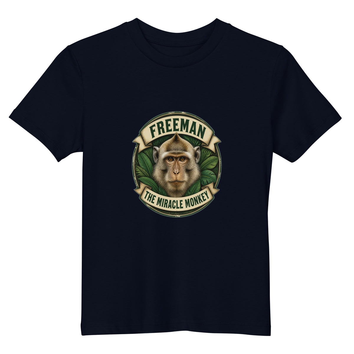 Børne t-shirt med Freeman The Miracle Monkey badge med en abe i grønt i farven marineblå, set forfra
