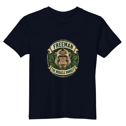 Børne t-shirt med Freeman The Miracle Monkey badge med en abe i grønt i farven marineblå, set forfra