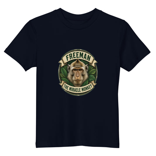 Børne t-shirt med Freeman The Miracle Monkey badge med en abe i grønt i farven marineblå, set forfra