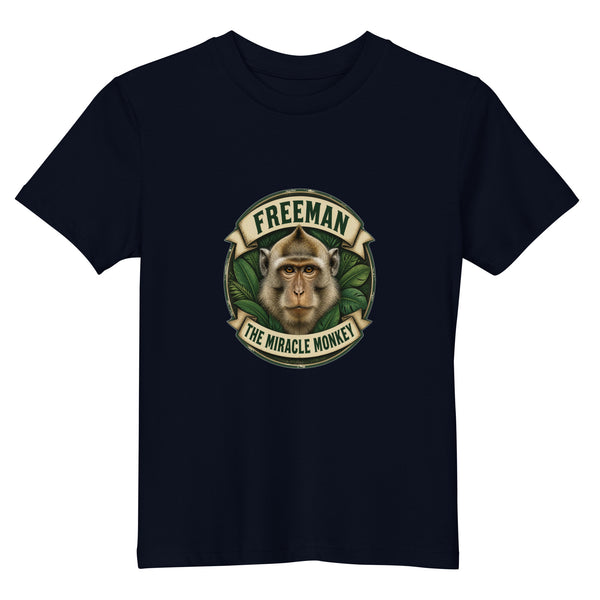 Børne t-shirt med Freeman The Miracle Monkey badge med en abe i grønt i farven marineblå, set forfra