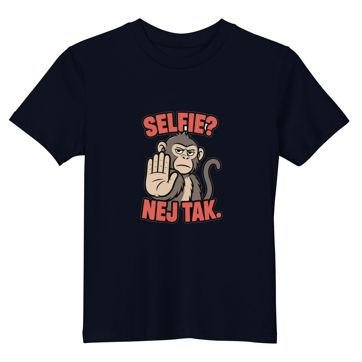 Børne t-shirt med teksten Selfie? Nej tak og en abe der holder hånden op i farven marineblå, set forfra
