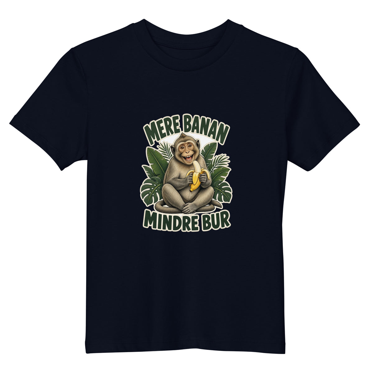 Børne t-shirt med teksten Mere banan, mindre bur og en glad abe med en banan i farven marineblå, set forfra