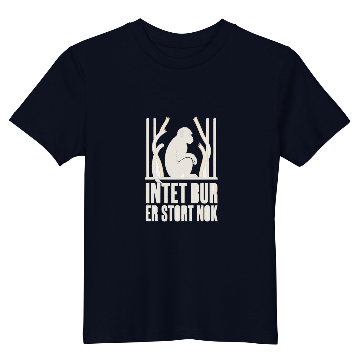 Børne t-shirt med teksten Intet bur er stort nok og en abe bag tremmer i farven marineblå, set forfra