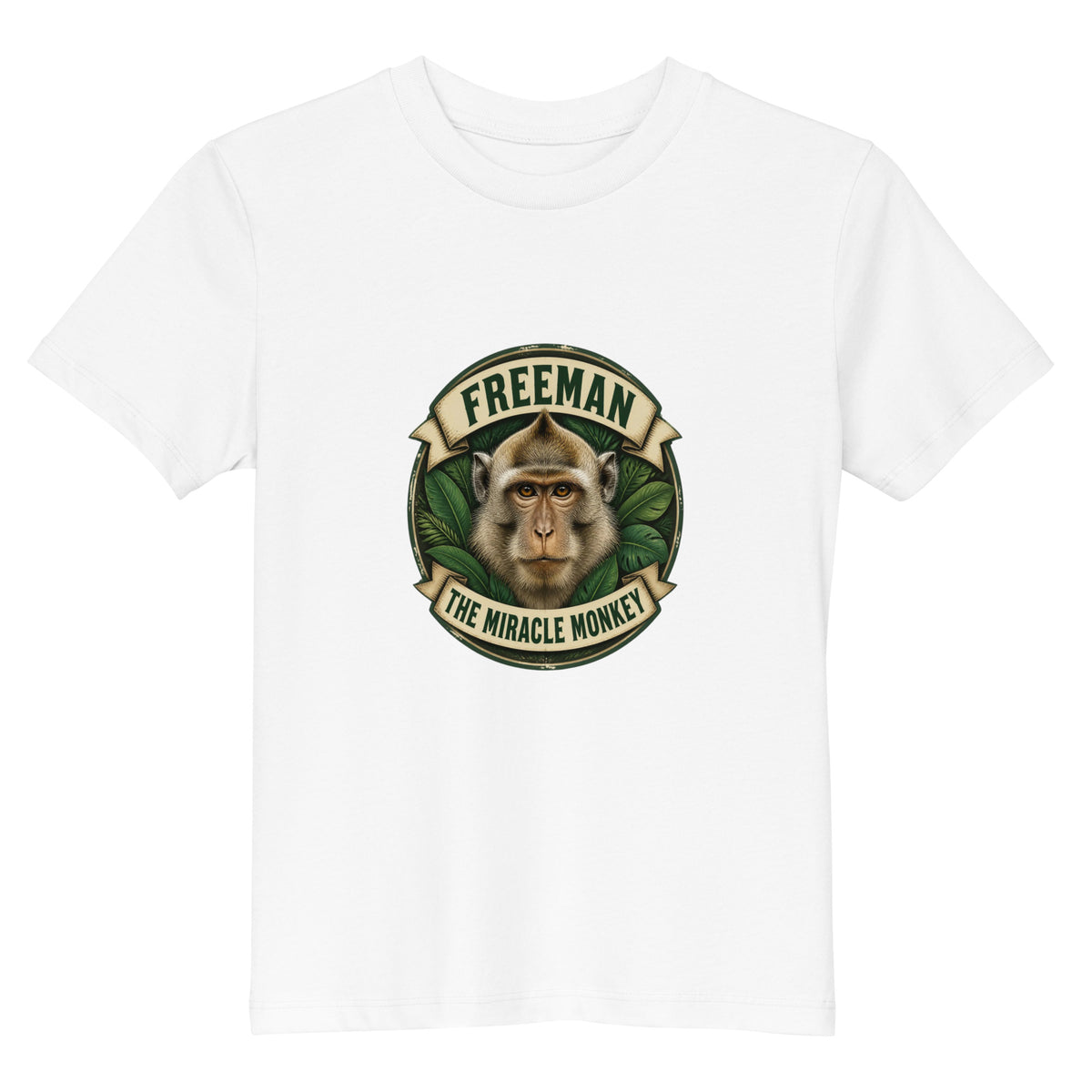 Børne t-shirt med Freeman The Miracle Monkey badge med en abe i grønt i farven hvid, set forfra