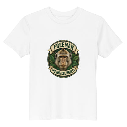 Børne t-shirt med Freeman The Miracle Monkey badge med en abe i grønt i farven hvid, set forfra