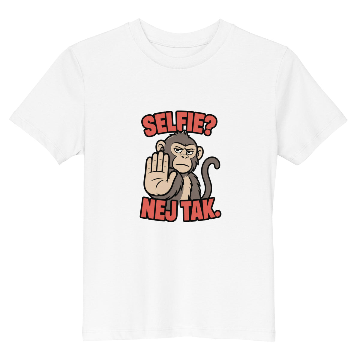 Børne t-shirt med teksten Selfie? Nej tak og en abe der holder hånden op i farven hvid, set forfra