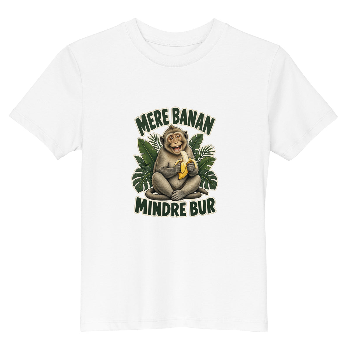 Børne t-shirt med teksten Mere banan, mindre bur og en glad abe med en banan i farven hvid, set forfra