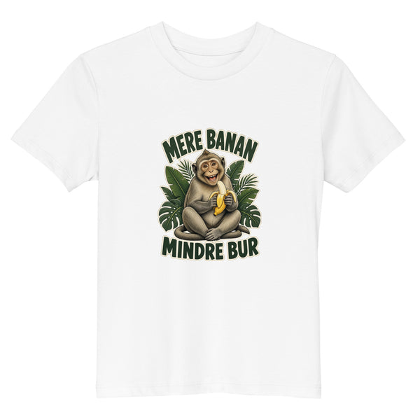 Børne t-shirt med teksten Mere banan, mindre bur og en glad abe med en banan i farven hvid, set forfra