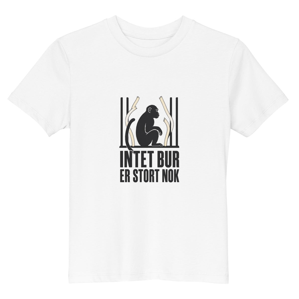 Hvid børne t-shirt med teksten Intet bur er stort nok og en abe bag tremmer, set forfra