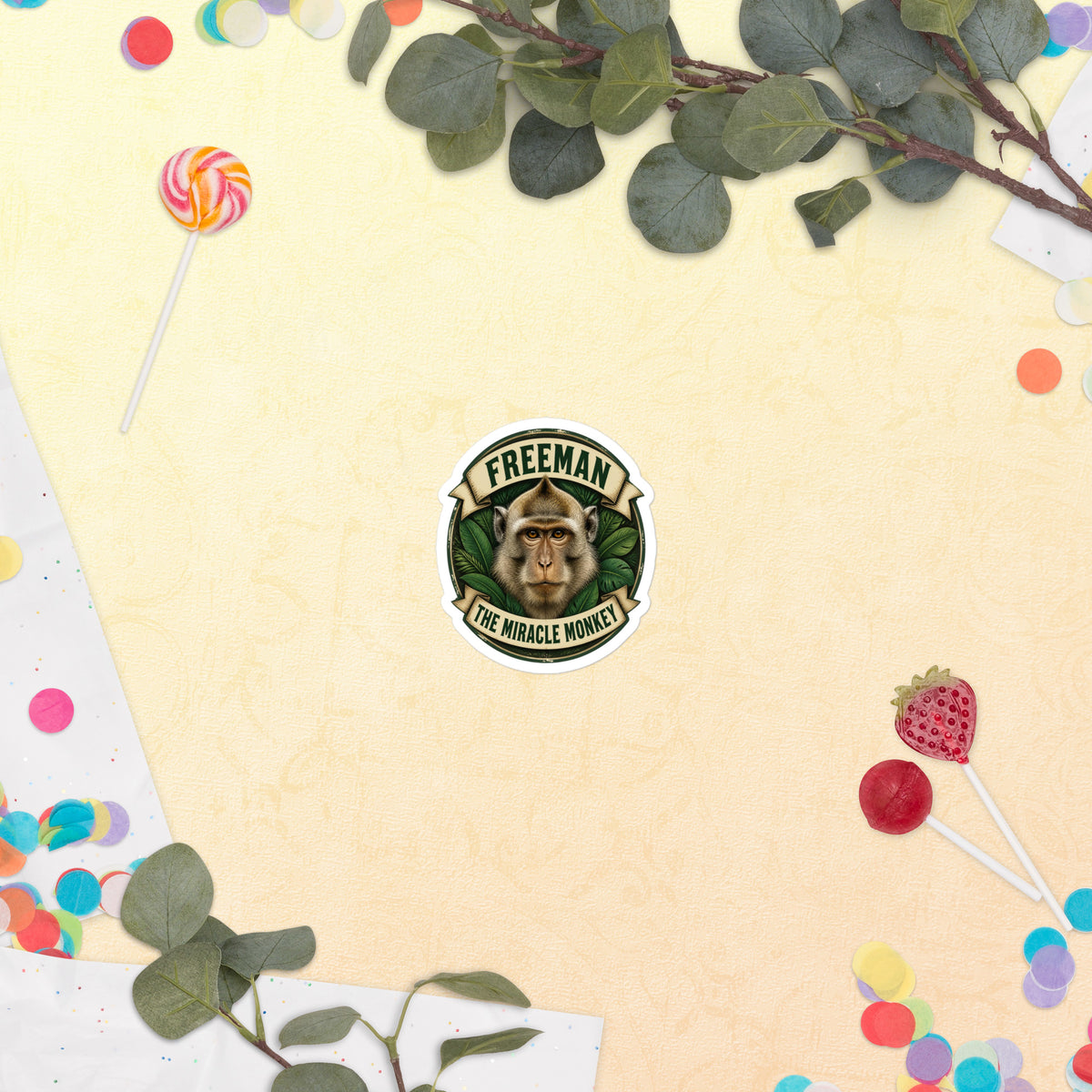 Klistermærke med Freeman The Miracle Monkey badge med en abe i grønt, 7,5 x 7,5 cm, på en lys baggrund med blomster
