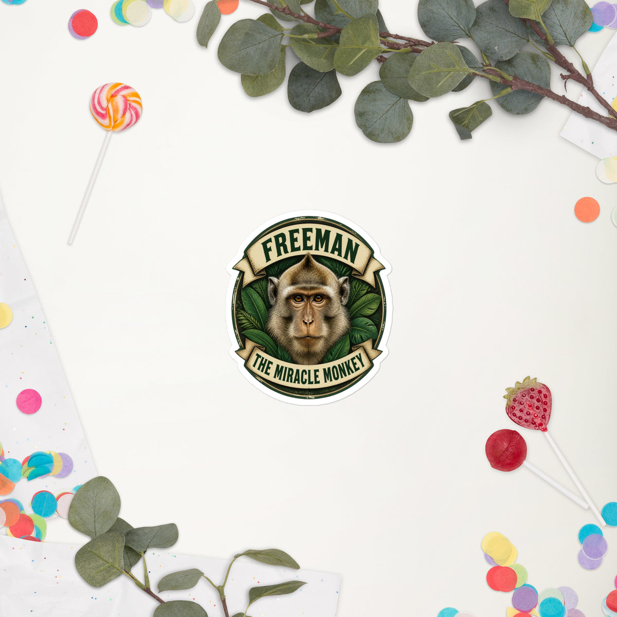 Klistermærke med Freeman The Miracle Monkey badge med en abe i grønt, 10 x 10 cm, på en hvid baggrund med blomster