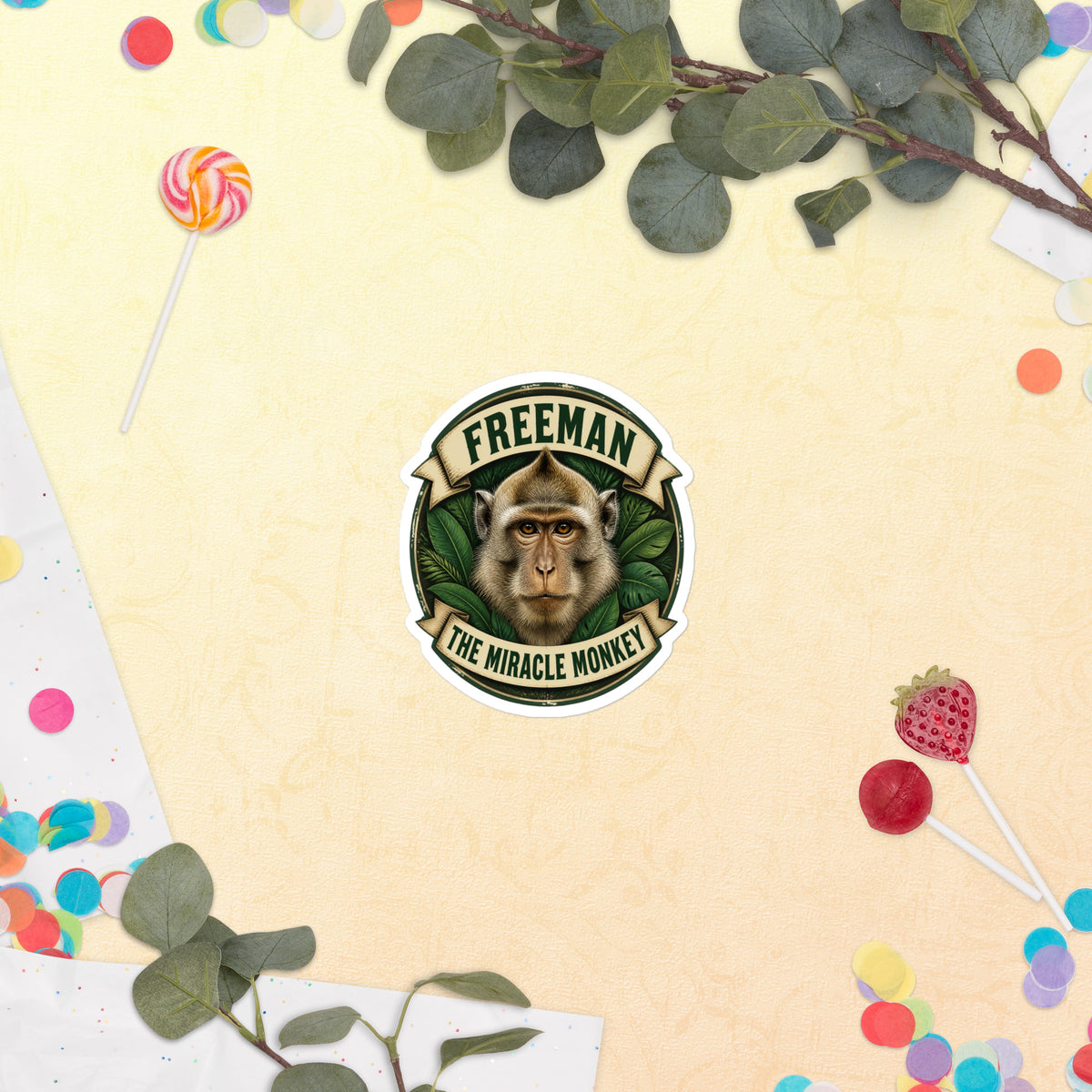 Klistermærke med Freeman The Miracle Monkey badge med en abe i grønt, 10 x 10 cm, på en lys baggrund med blomster