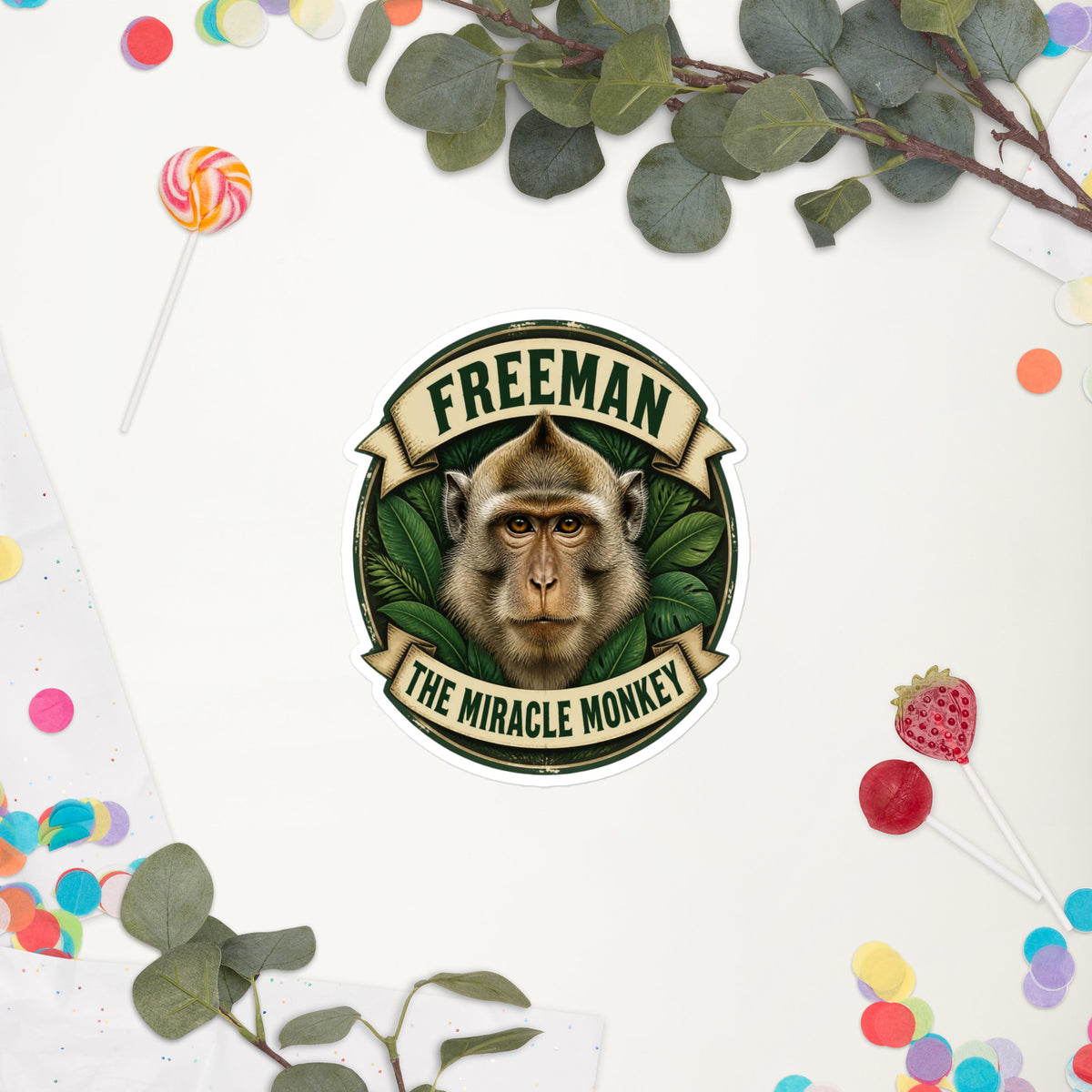 Klistermærke med Freeman The Miracle Monkey badge med en abe i grønt, 14 x 14 cm, på en hvid baggrund med blomster