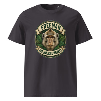Freeman The Miracle Monkey t-shirt med abe i grønt badge i farven antracit, set forfra