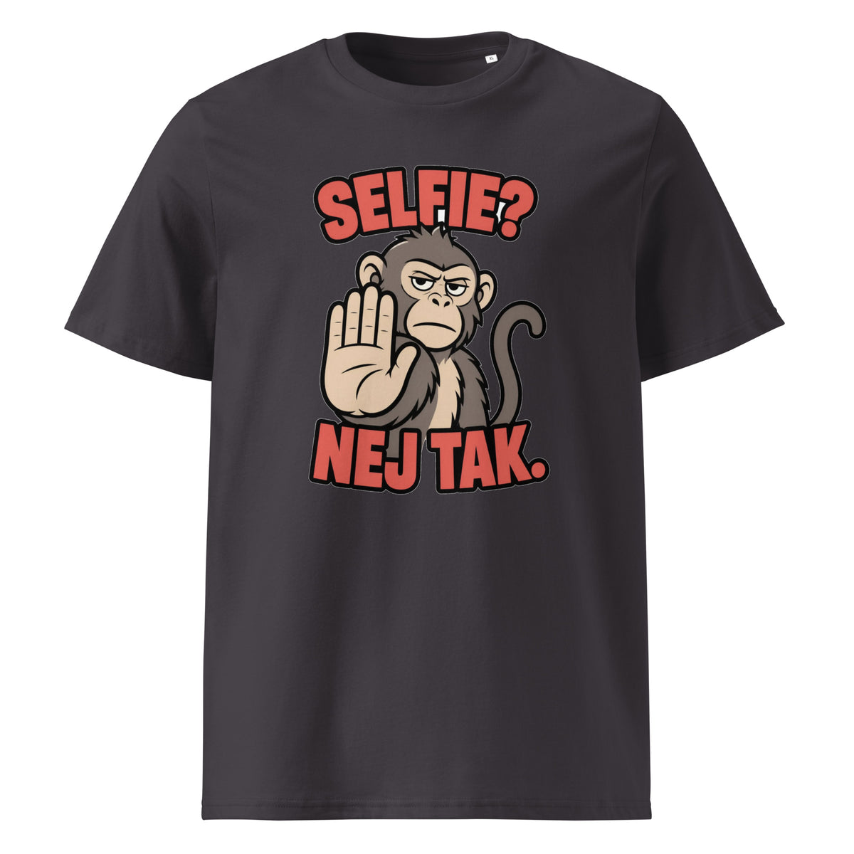 Sjov abe t-shirt med teksten Selfie? Nej tak. i farven antracit, set forfra