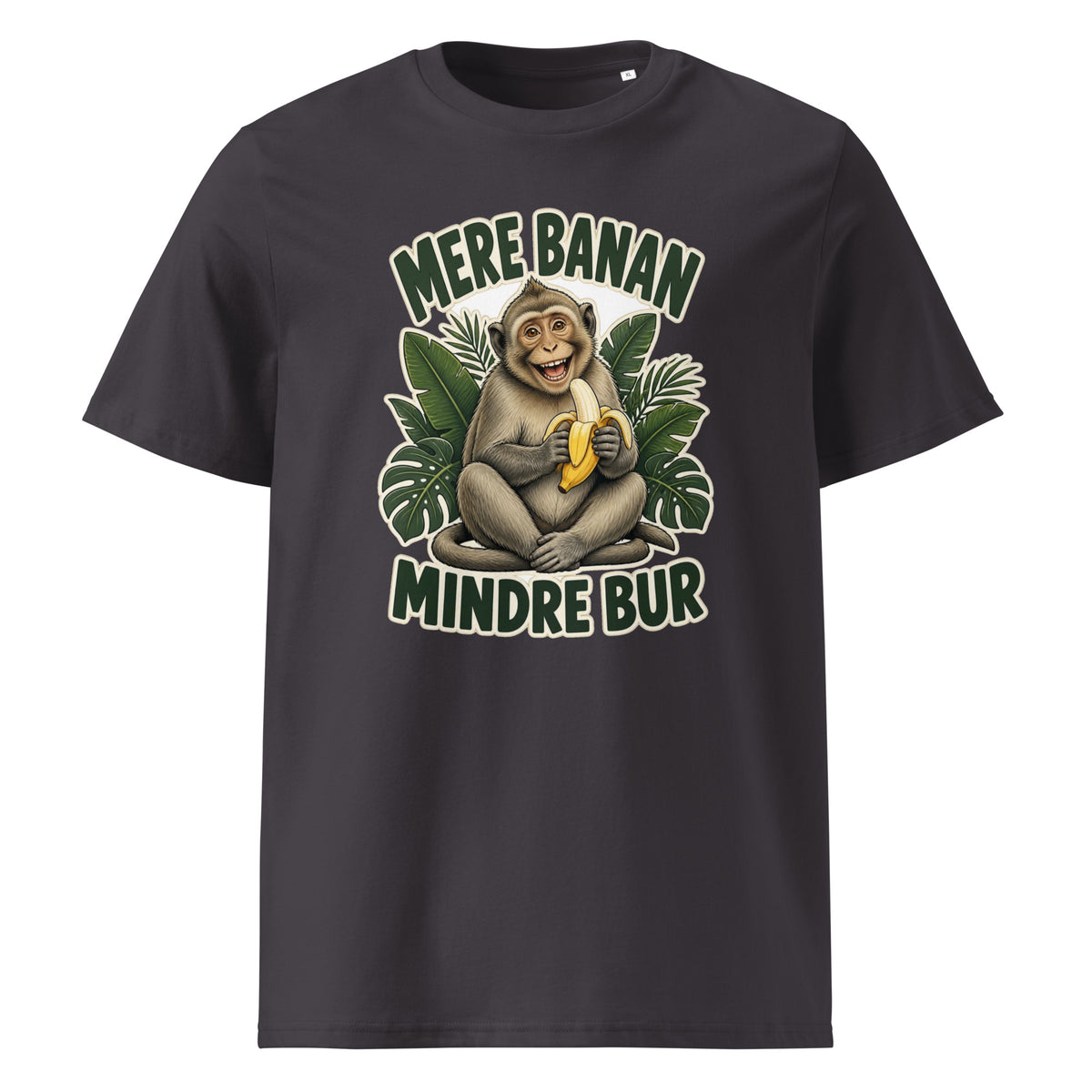 Abe t-shirt med teksten Mere banan, mindre bur i farven antracit, set forfra