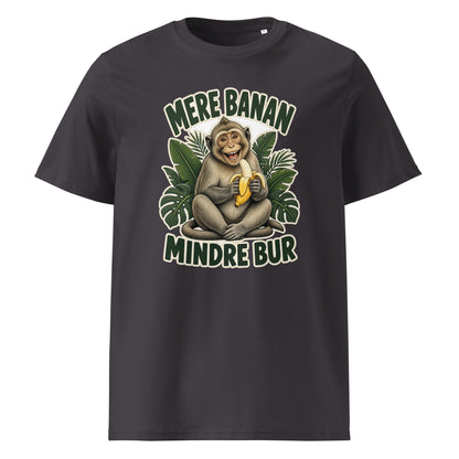 Abe t-shirt med teksten Mere banan, mindre bur i farven antracit, set forfra