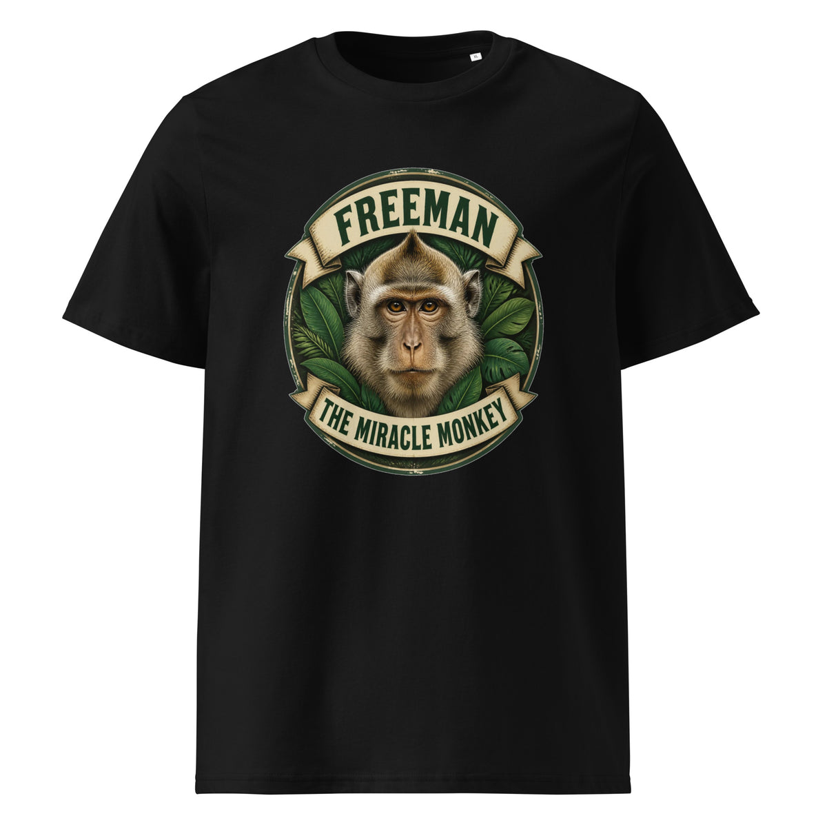 Freeman The Miracle Monkey t-shirt med abe i grønt badge i farven sort, set forfra