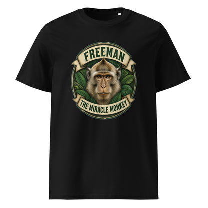Freeman The Miracle Monkey t-shirt med abe i grønt badge i farven sort, set forfra